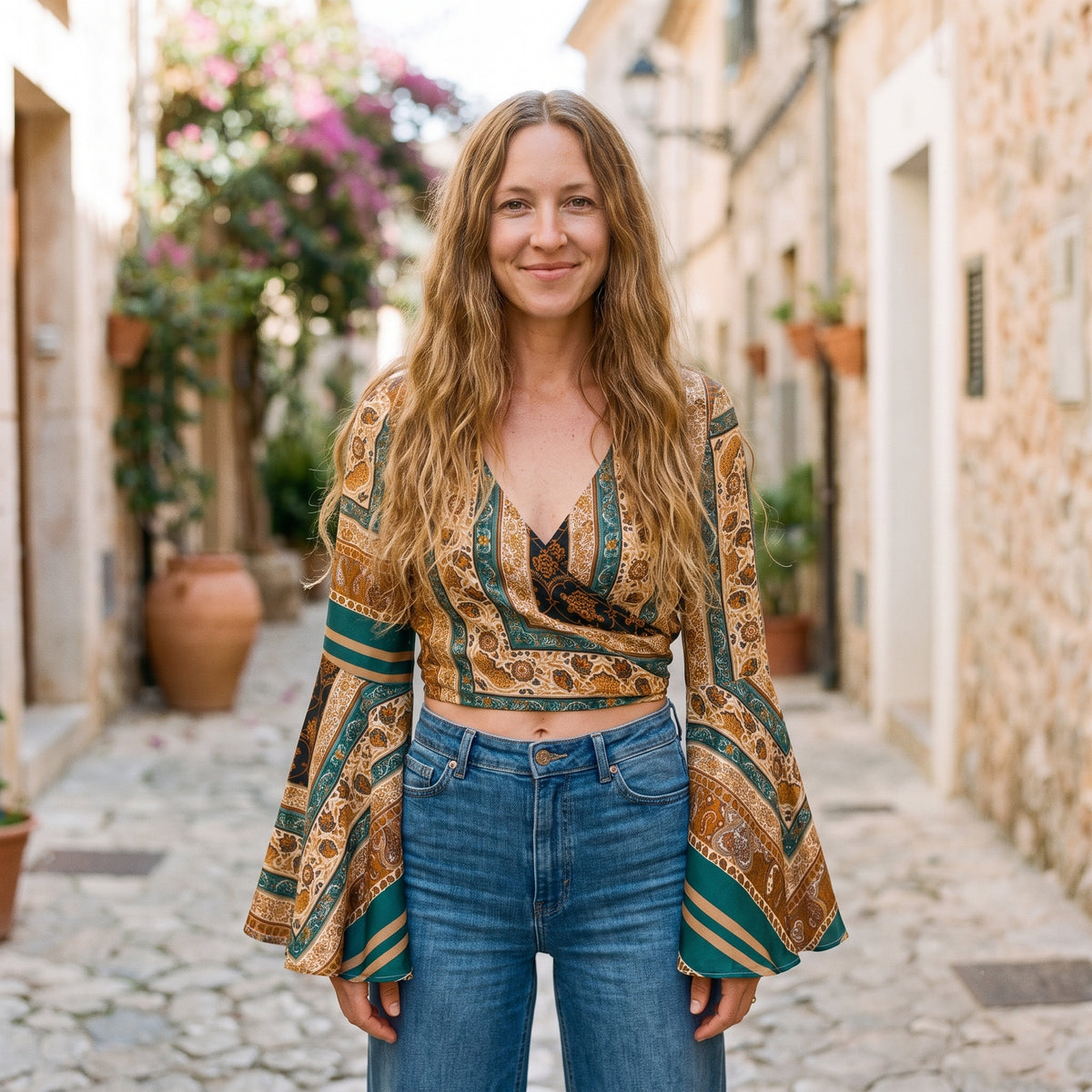 Crop-top bohème 70s cache-coeur vert et ocre à manches pagode porté par un modèle souriant