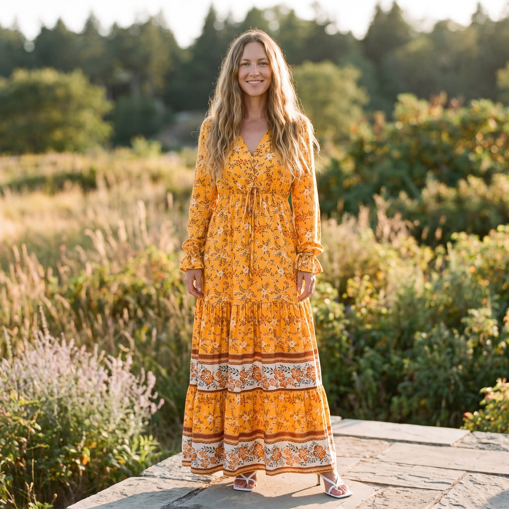 Robe longue bohème jaune à fleurs portée par un modèle souriant en pleine nature