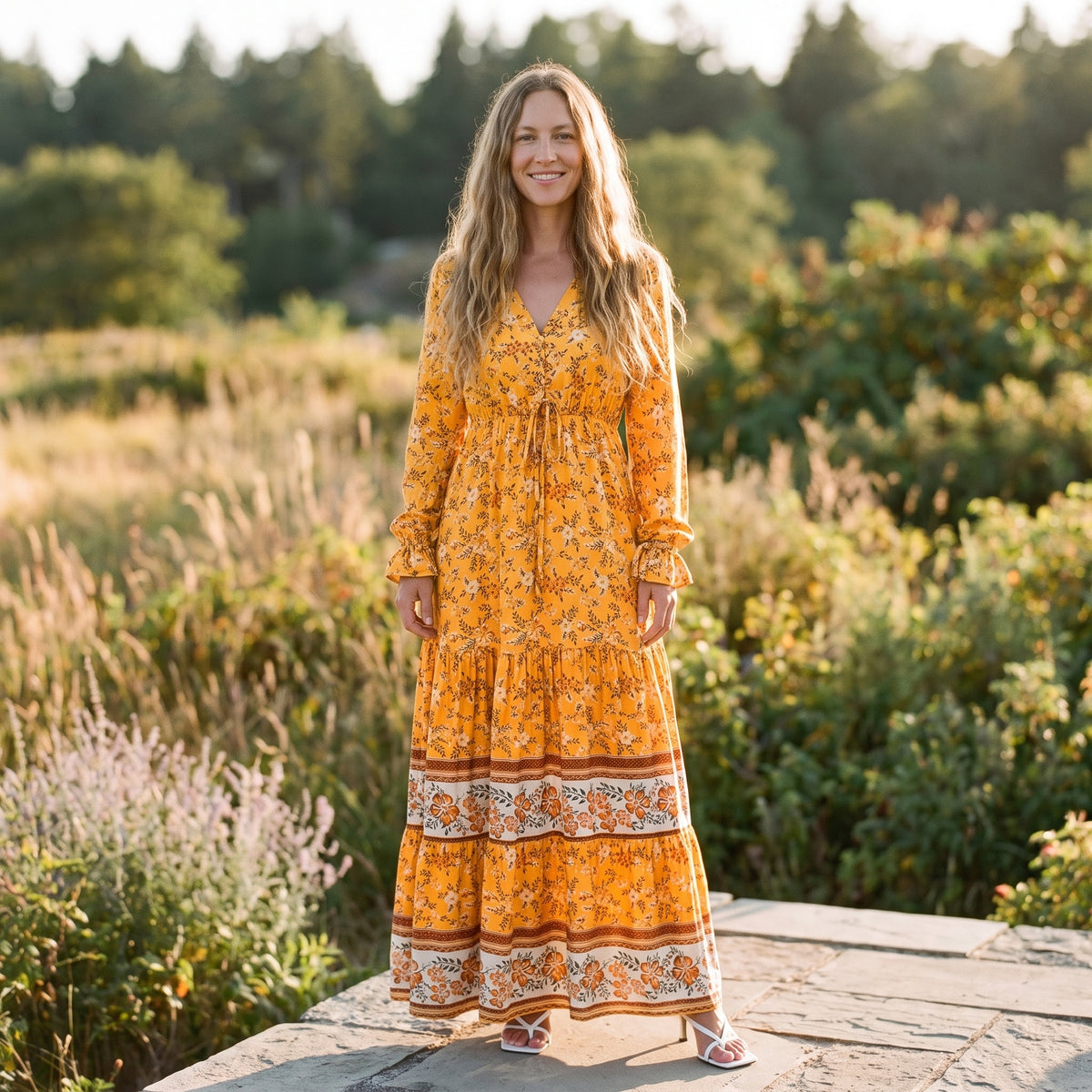 Robe longue bohème jaune à fleurs portée par un modèle souriant en pleine nature