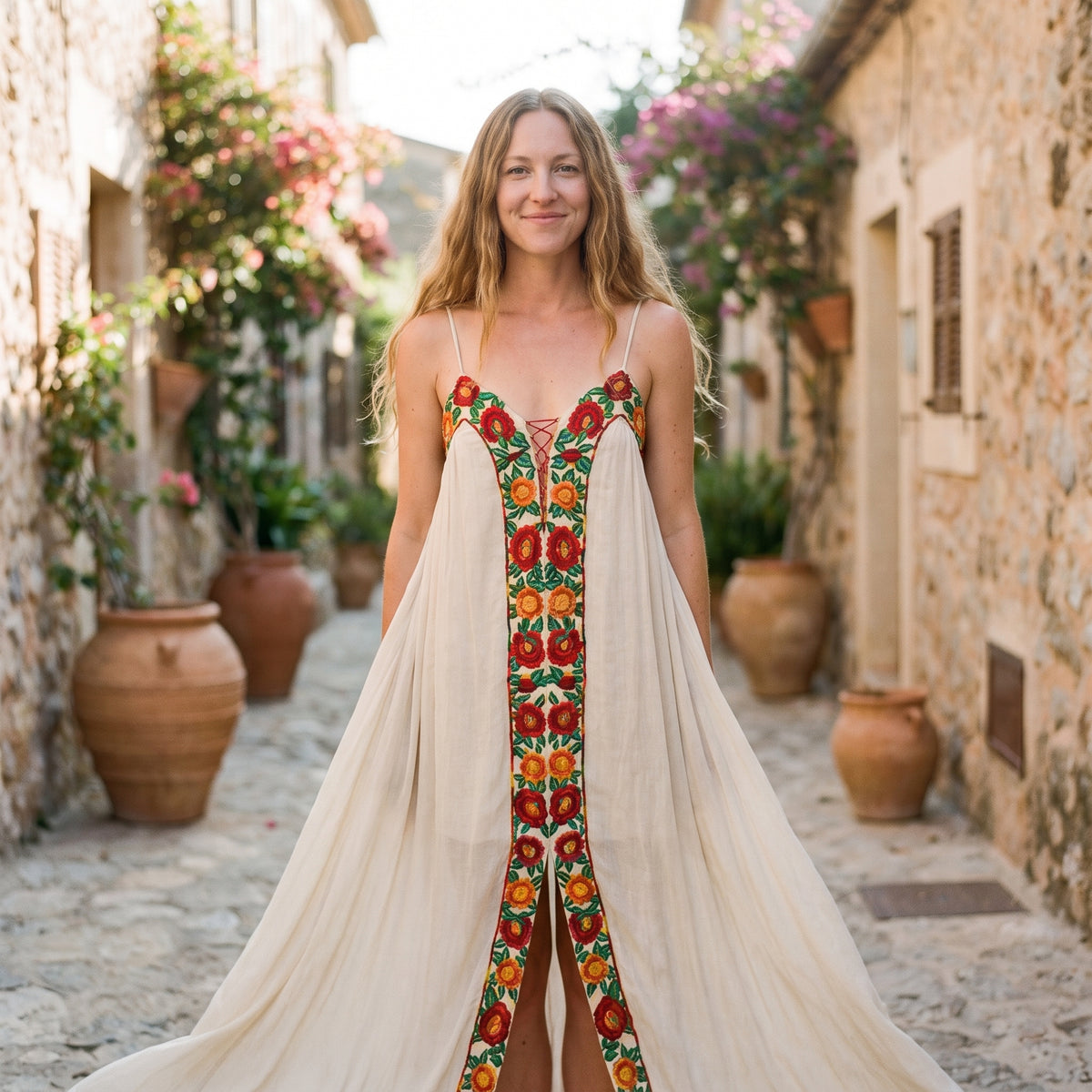 Modèle souriante portant la robe longue bohème écrue à broderie florale, ruelle méditerranéenne
