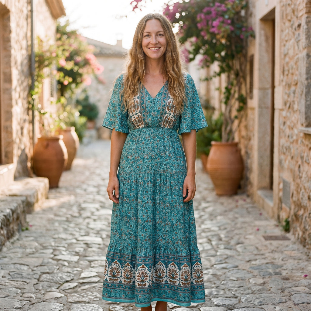 Modèle souriante portant la robe longue bohème turquoise à fleurs dans une ruelle méditerranéenne