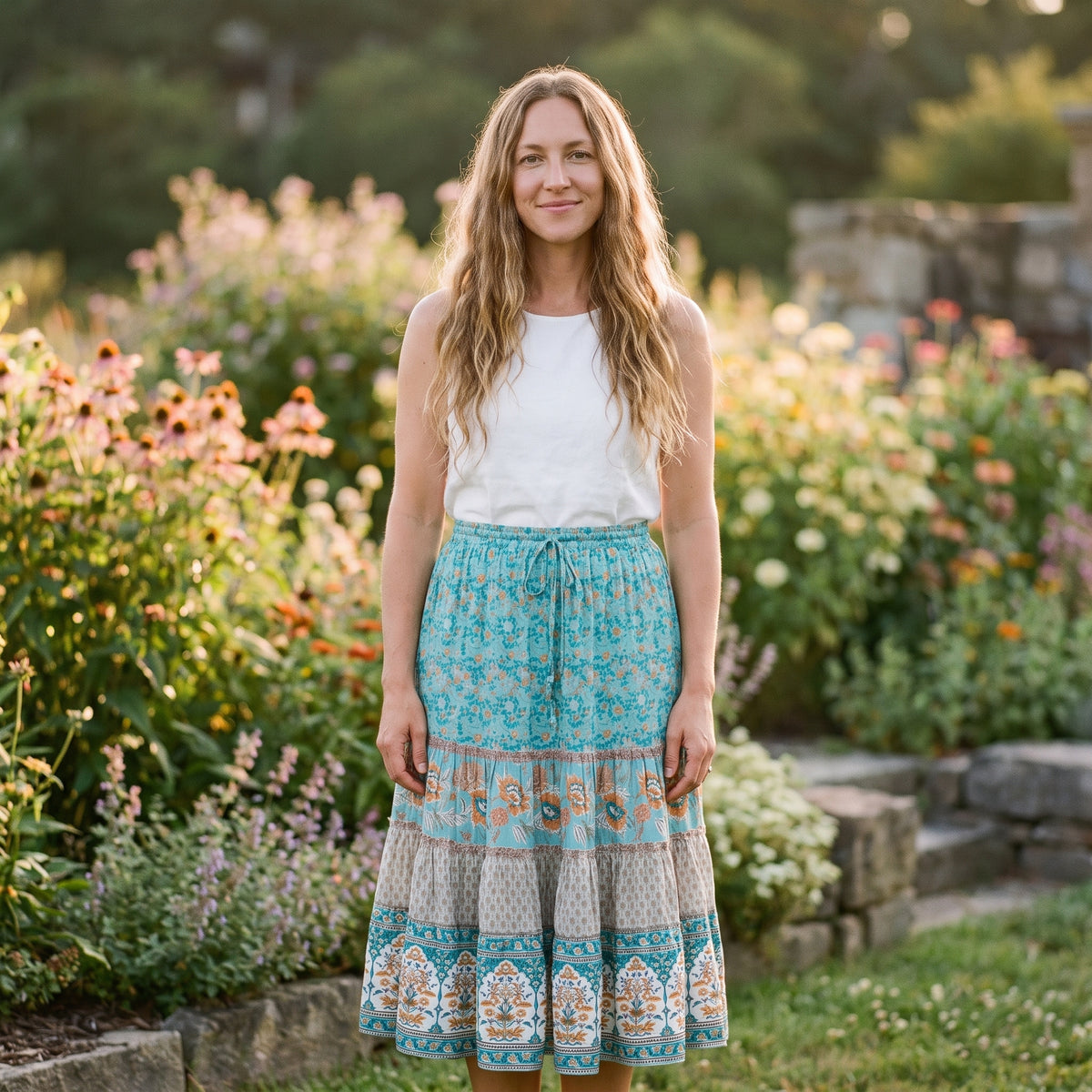 Jupe midi bohème turquoise à volants étagés portée par un modèle souriant dans un jardin