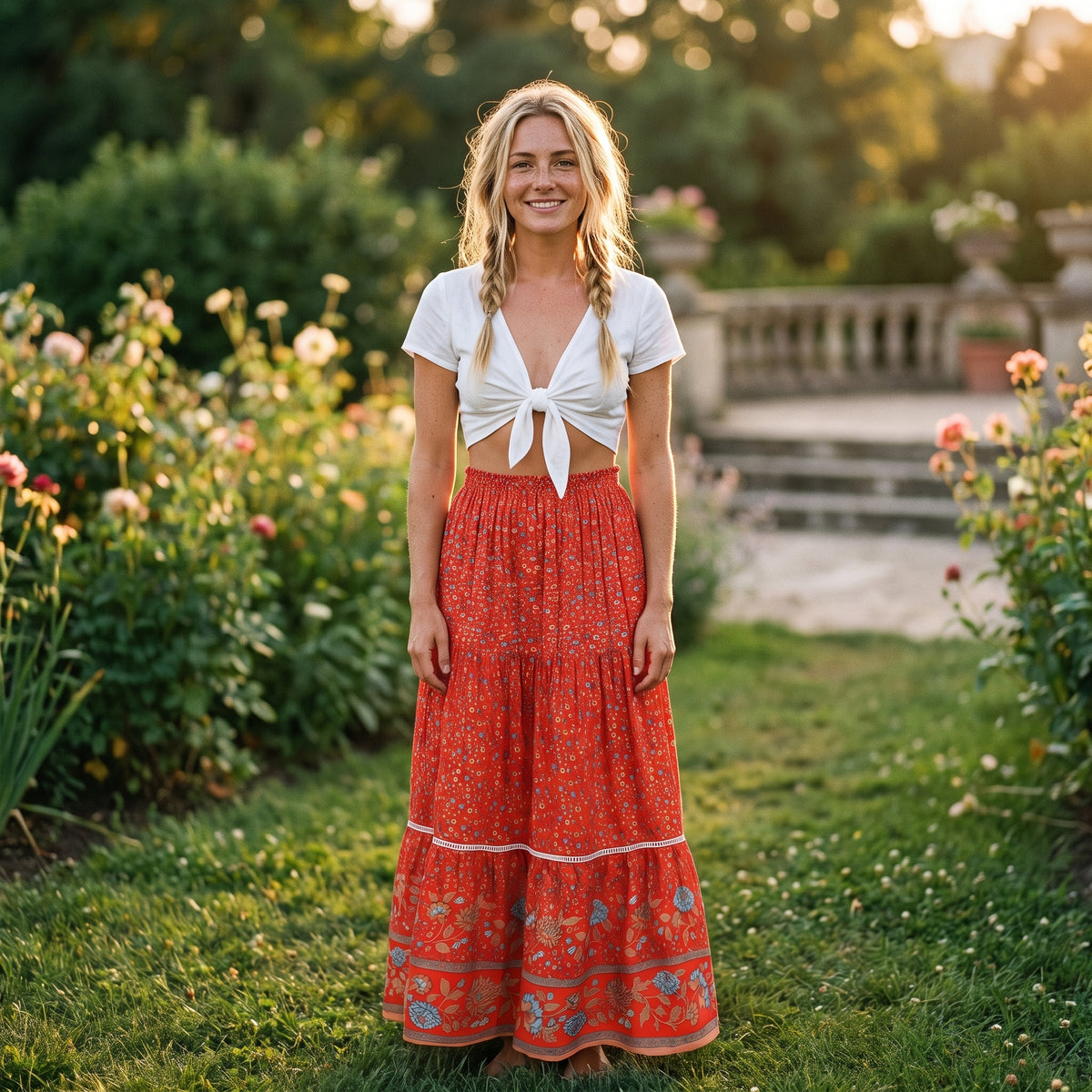 Jupe longue bohème rouge à fleurs liberty portée par un modèle souriant dans un jardin