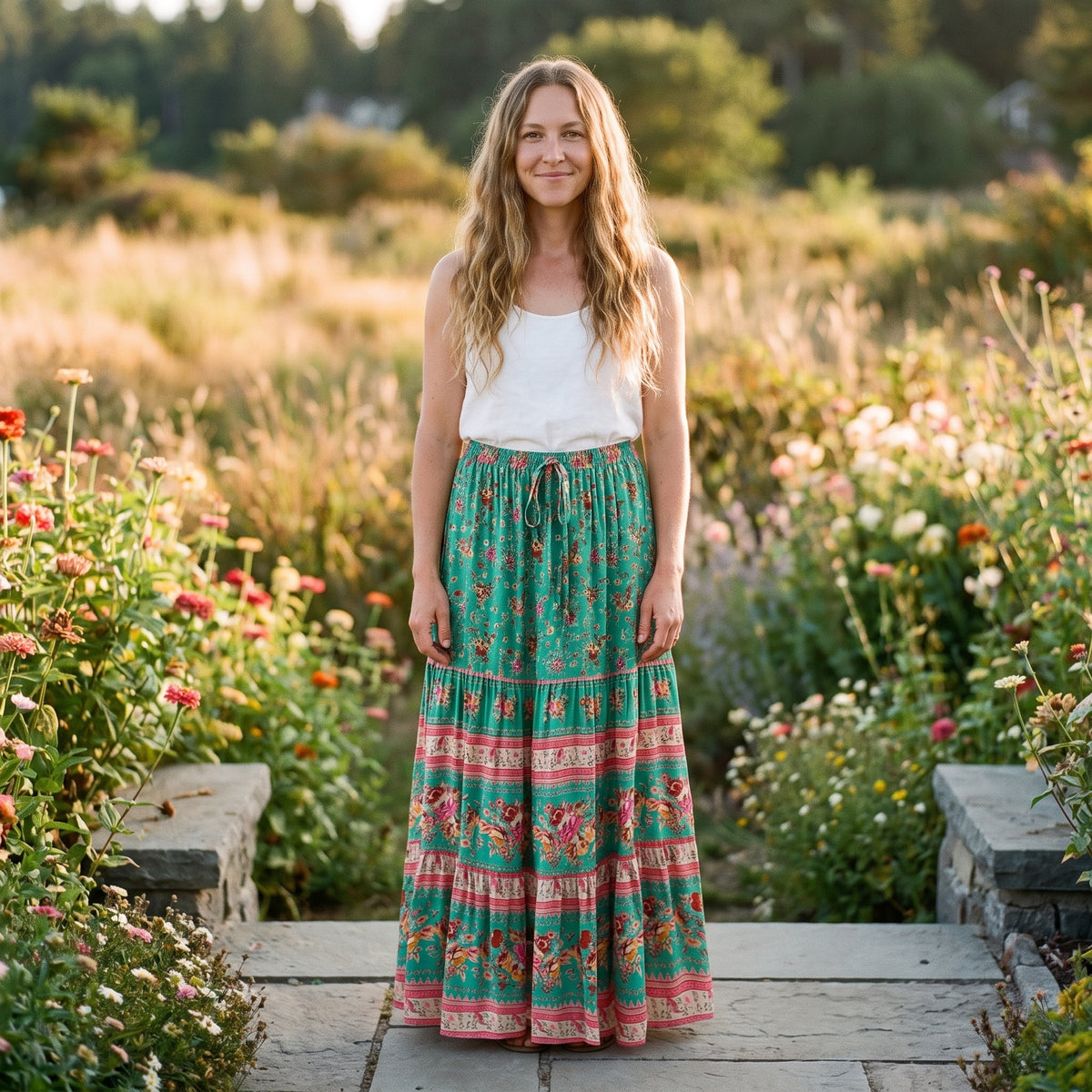 Jupe longue bohème verte à fleurs portée par un modèle souriant dans un jardin