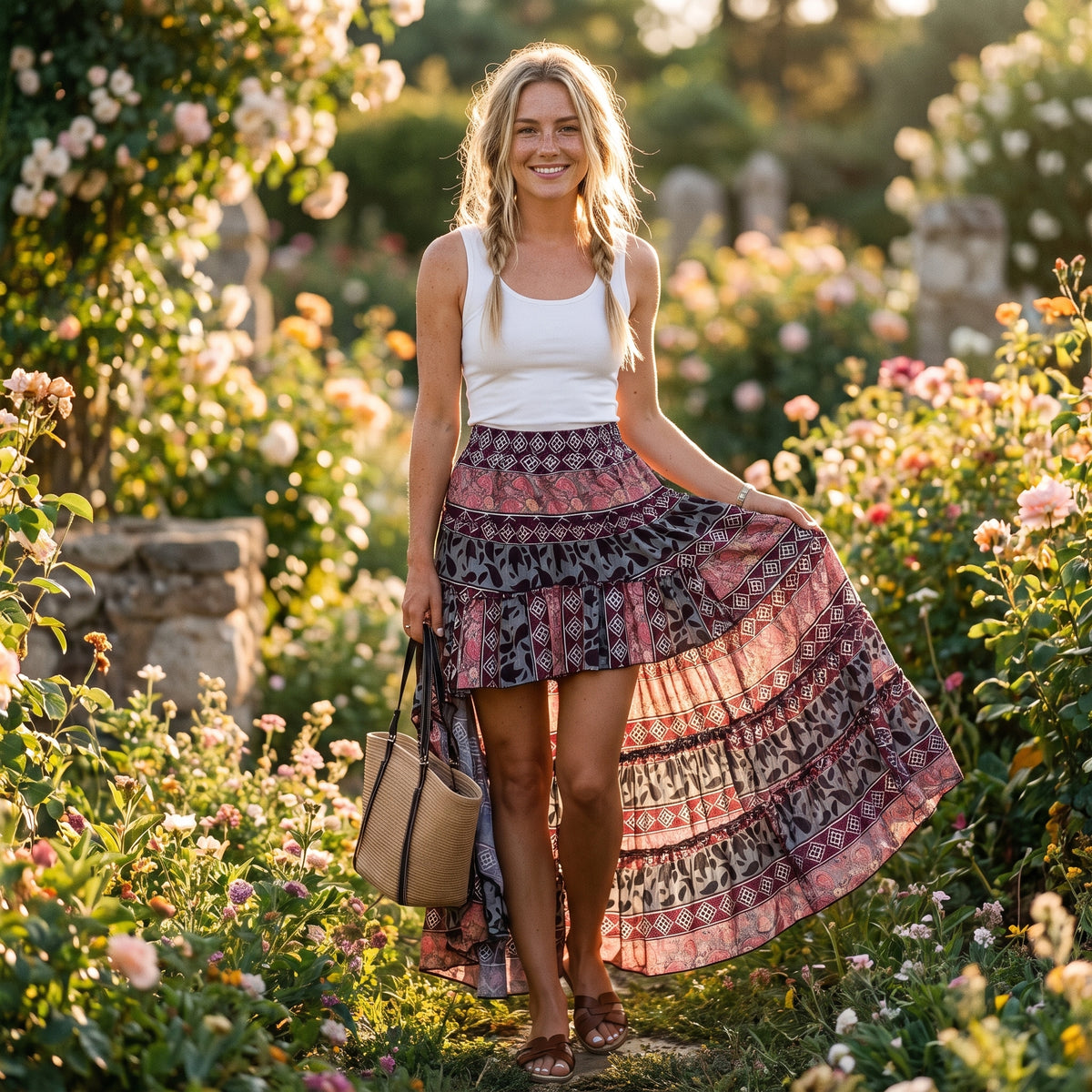 Jupe longue bohème ethnique asymétrique portée par un modèle souriant dans un jardin