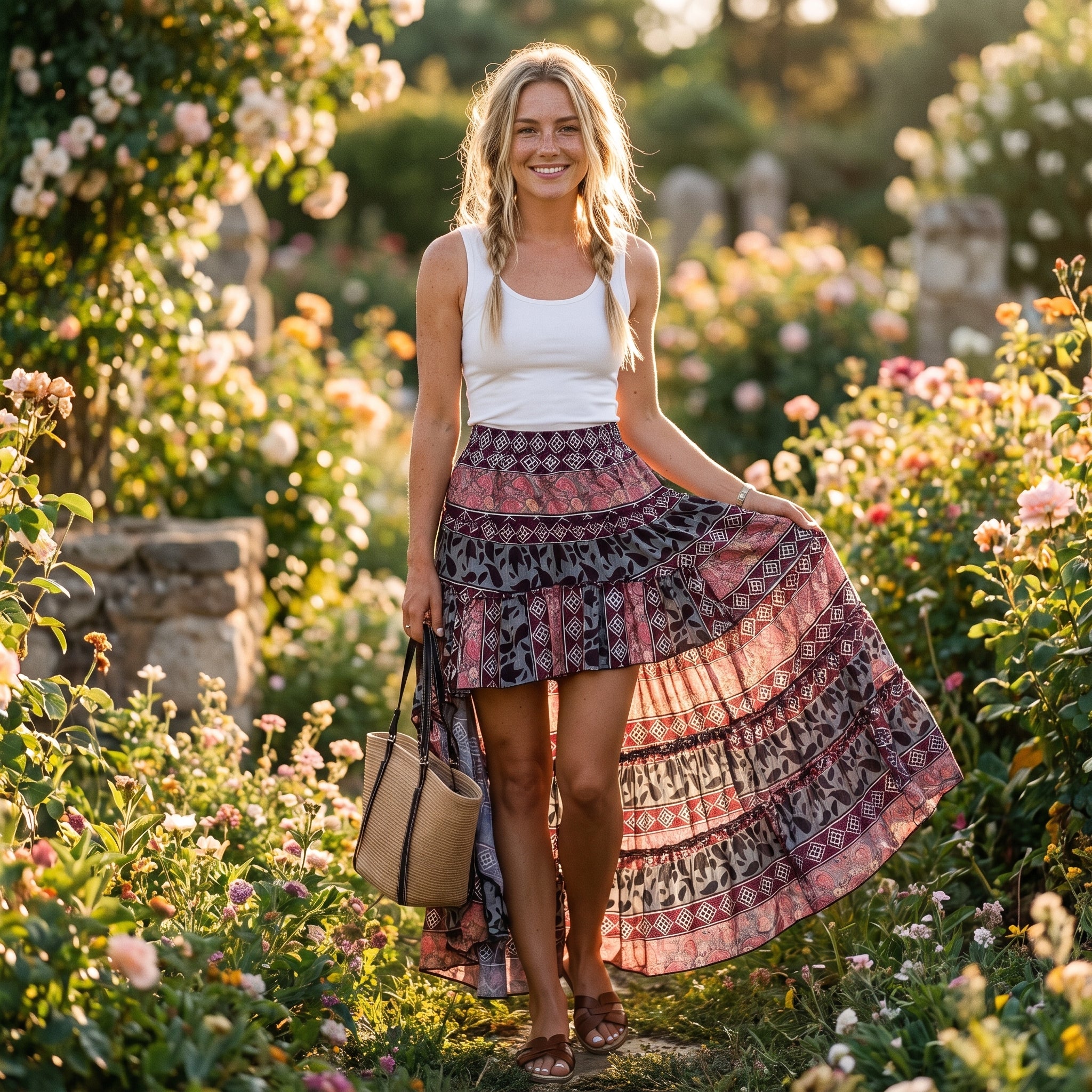 Jupe longue bohème ethnique asymétrique portée par un modèle souriant dans un jardin Bild