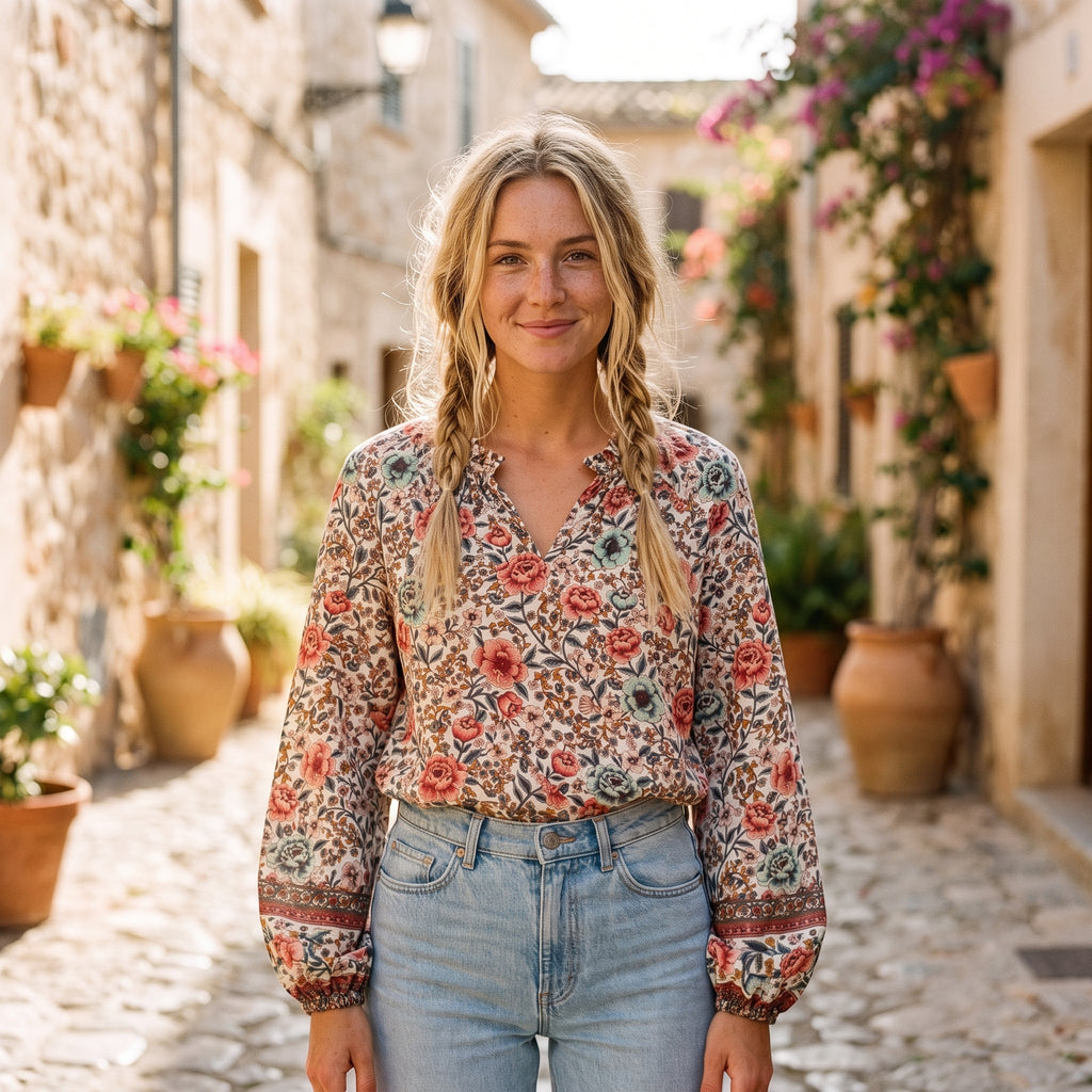 Blouse hippie fleurie crème à manches ballon portée par un modèle souriant
