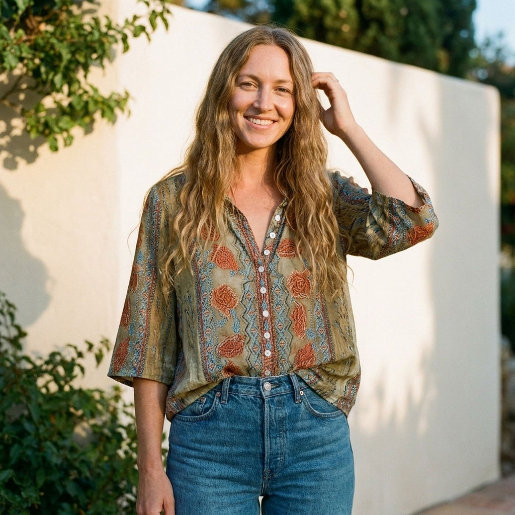 Chemise hippie femme à fleurs coloris beige portée par une femme souriante en plein pied, col en V boutonné