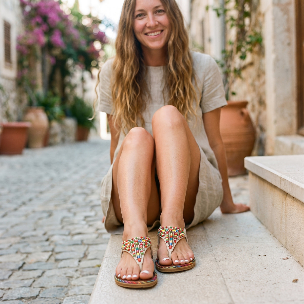Modèle souriante portant les sandales plates bohème à perles colorées beige, ruelle méditerranéenne