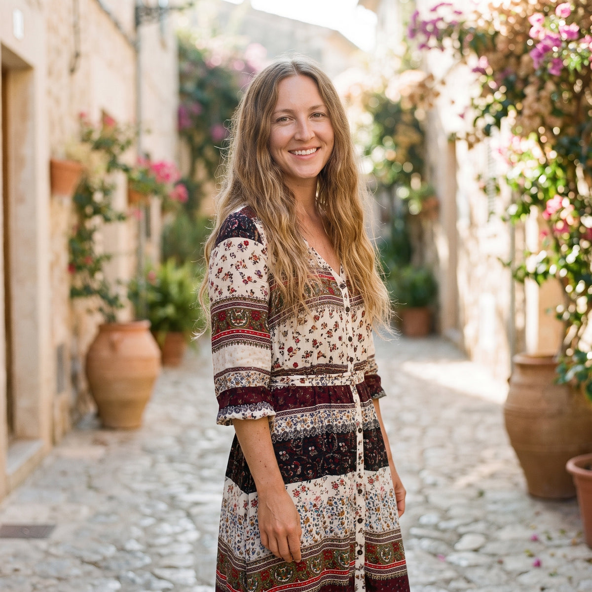 Modèle souriante portant la robe longue bohème vintage boutonnée écrue, ruelle méditerranéenne