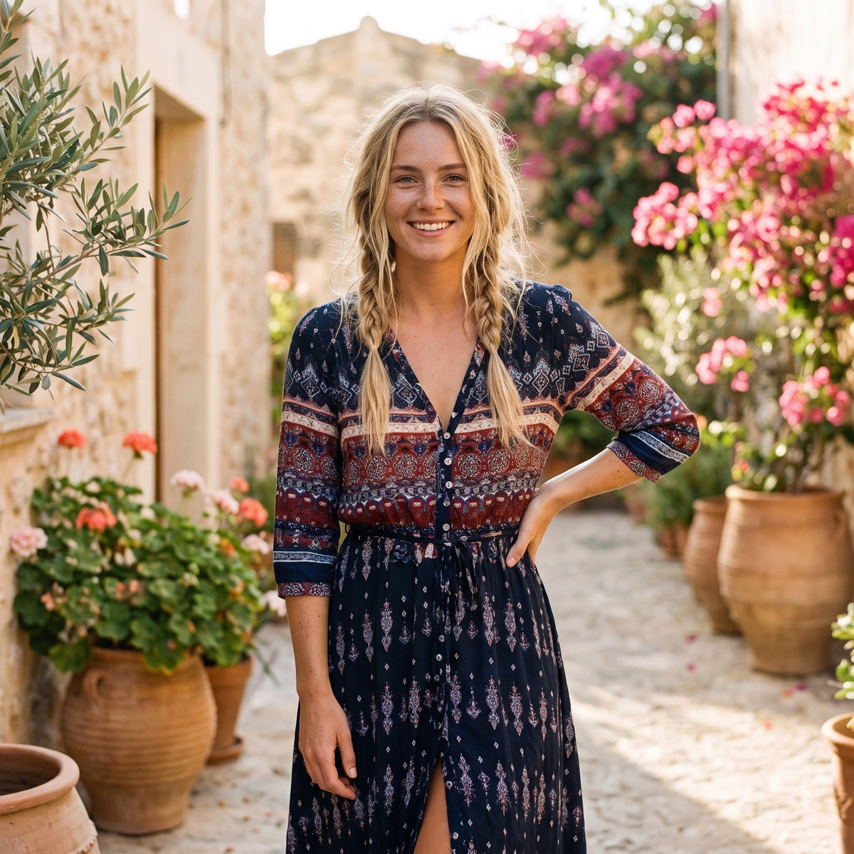 Modèle souriante portant la robe longue bohème vintage boutonnée bleu marine