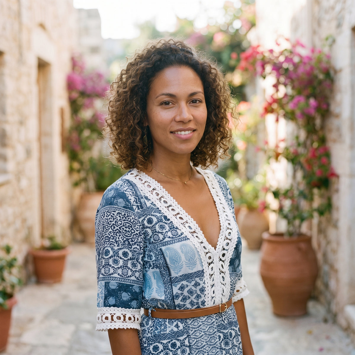 Modèle souriante portant la robe-tunique bohème bleue à parementure dentelle