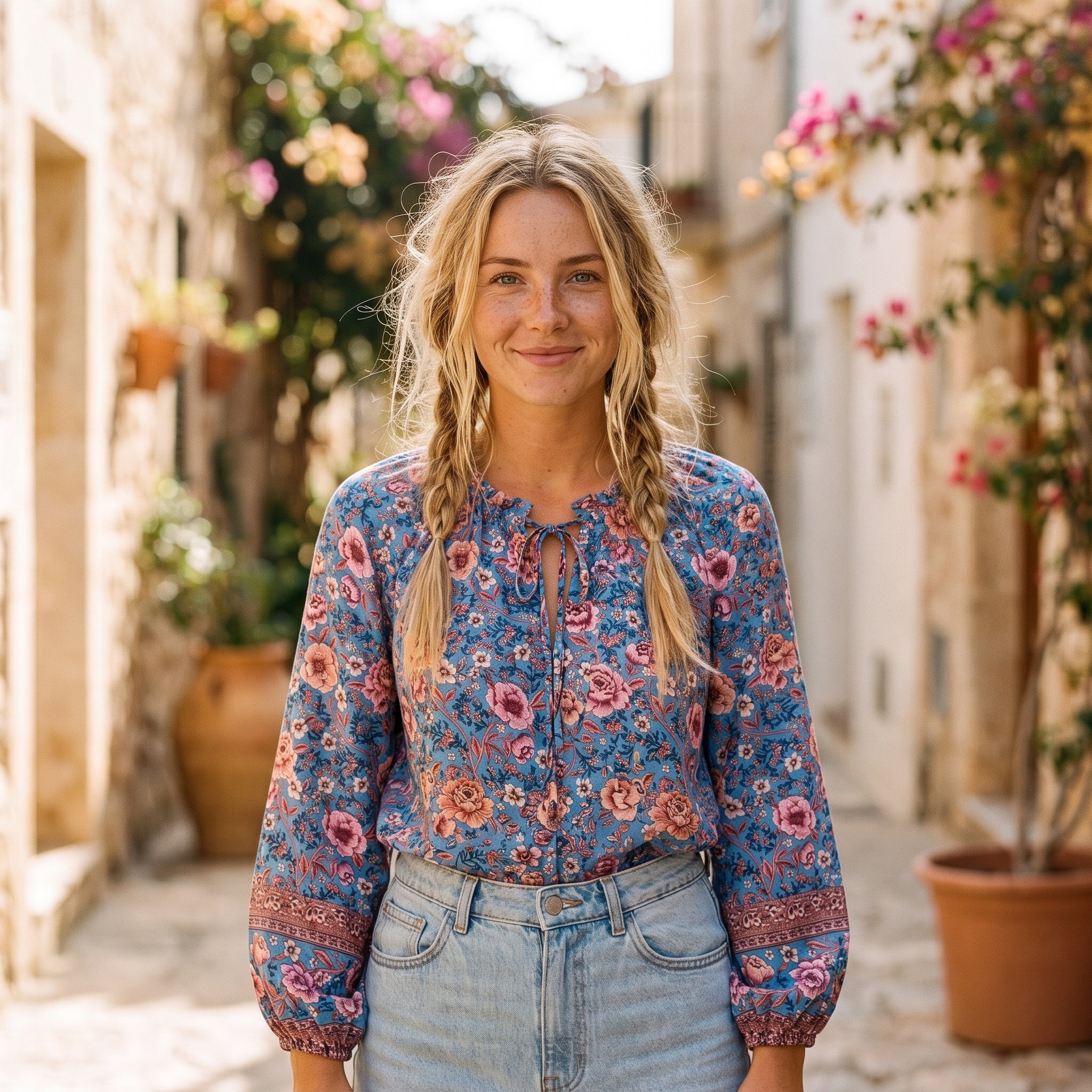 Blouse hippie fleurie bleue à manches ballon portée par un modèle souriant Bild