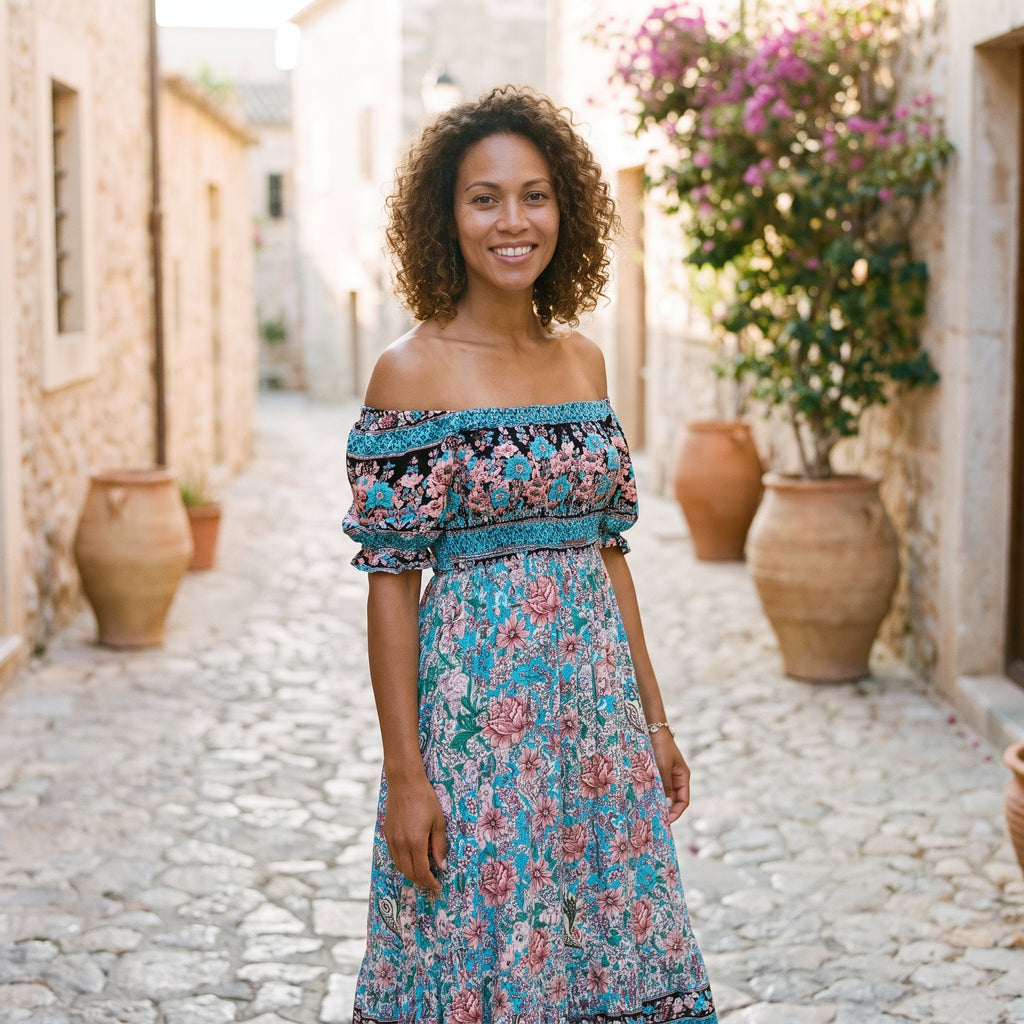 Modèle souriante portant la robe longue bohème fleurie bleue à épaules dénudées