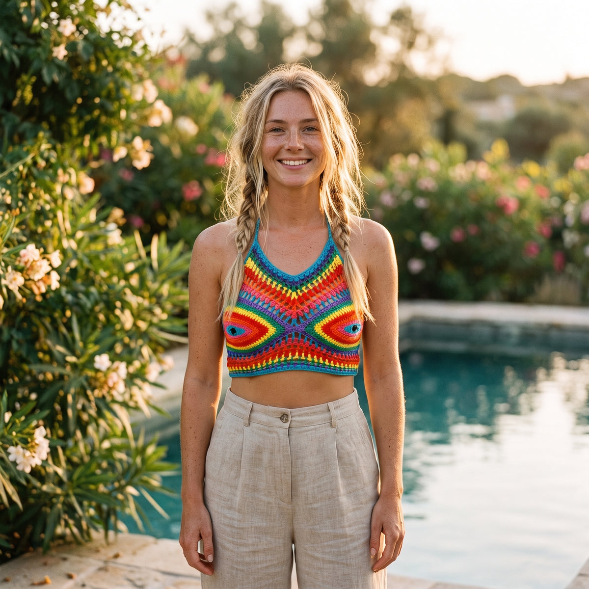 Crop-top au crochet arc-en-ciel dominante jaune porté par un modèle souriant