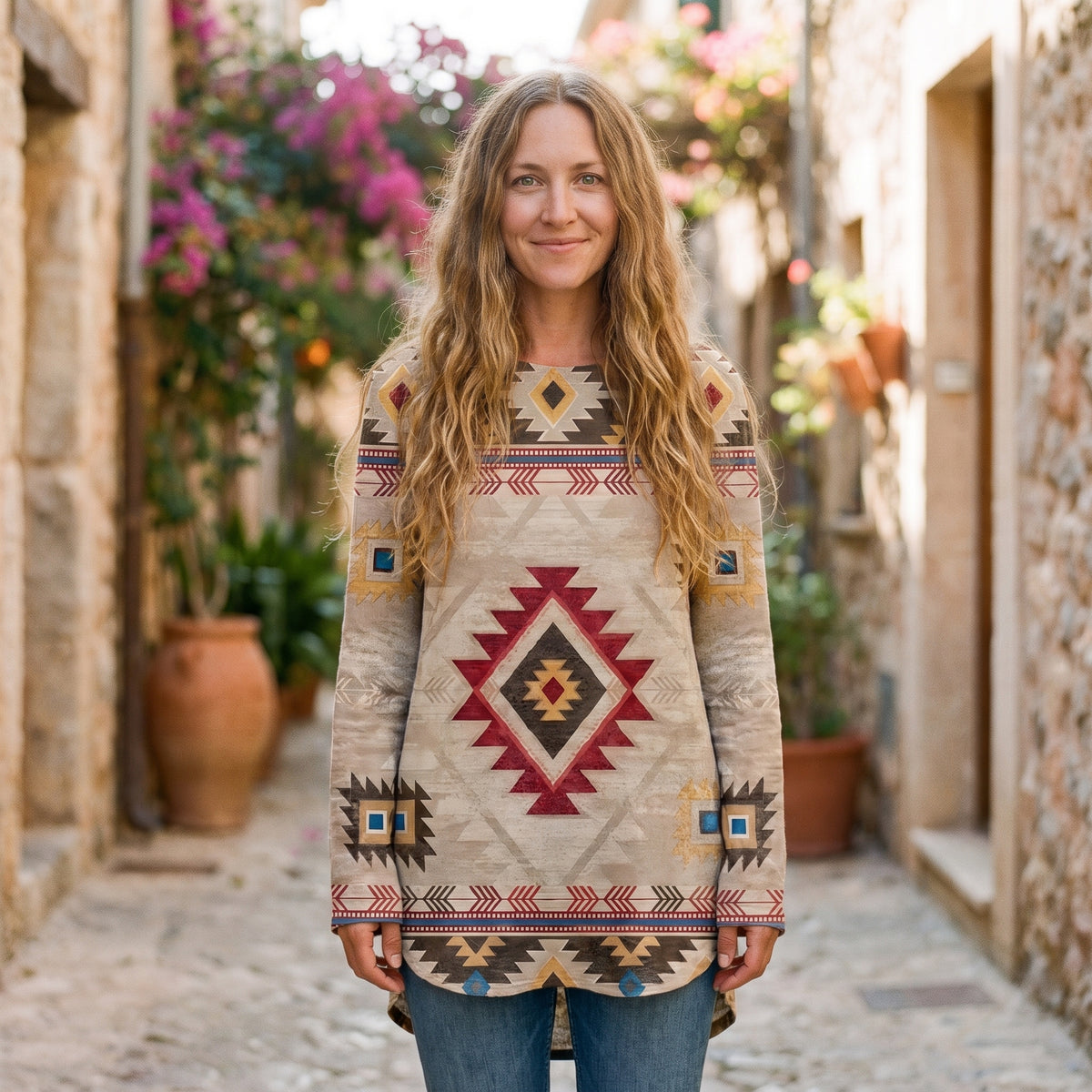 Tunique longue aztèque beige portée par un modèle souriant en ruelle méditerranéenne