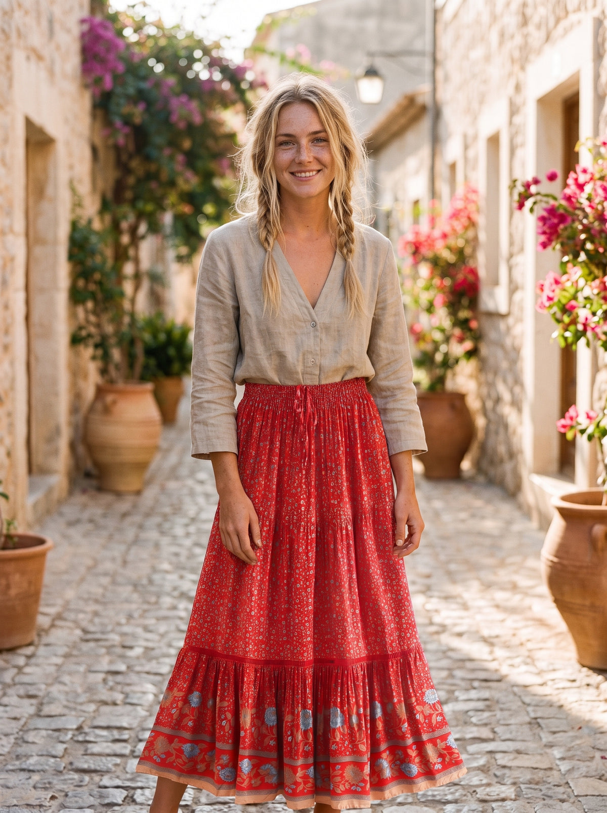 Modèle souriante, jupe longue hippie à fleurs rouge, ruelle méditerranéenne pavée