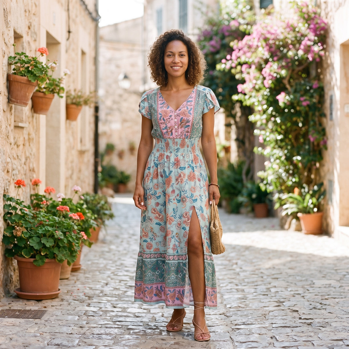 Robe de soirée hippie fleurie portée par un modèle souriant, ruelle méditerranéenne