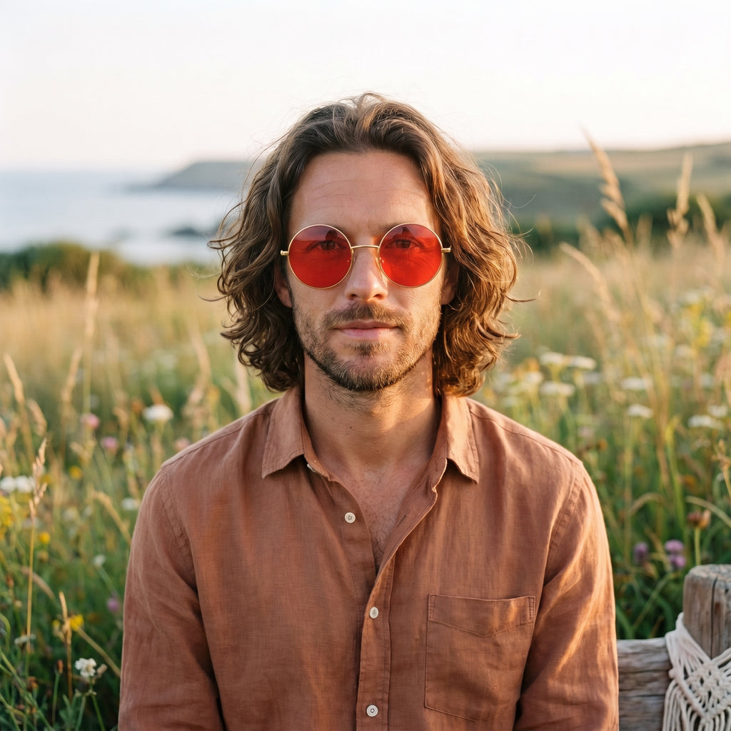 Homme bohème portant les lunettes de soleil rondes hippie verres rouges dans un champ au coucher du soleil
