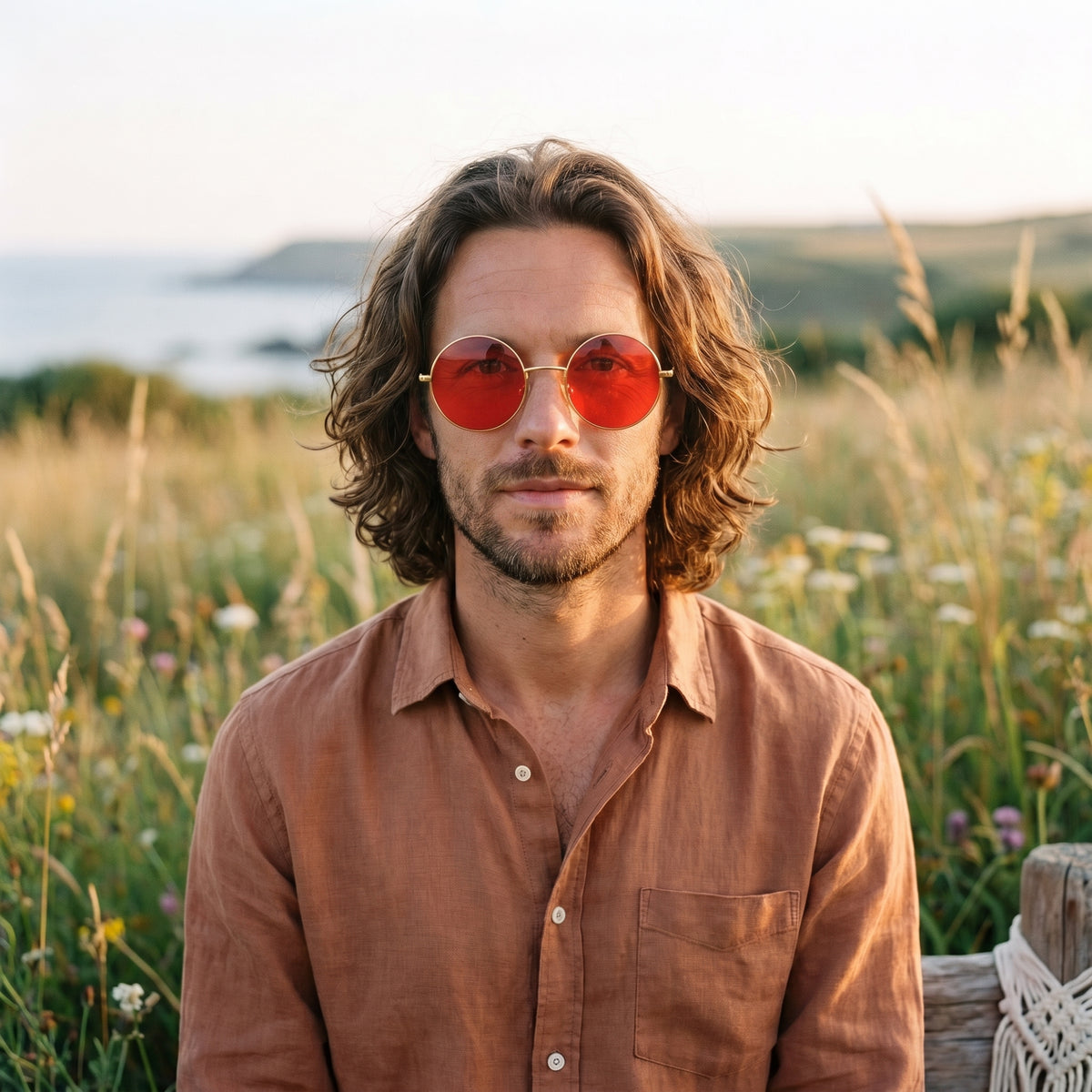 Homme bohème portant les lunettes de soleil rondes hippie verres rouges dans un champ au coucher du soleil