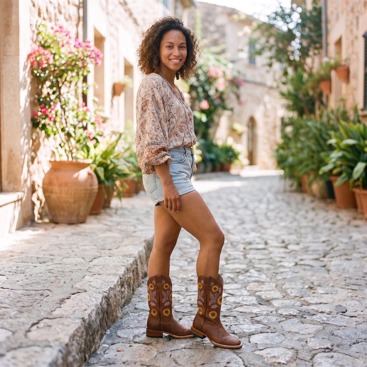 Modèle souriante portant les bottes western femme à tournesols brodés dans une ruelle méditerranéenne