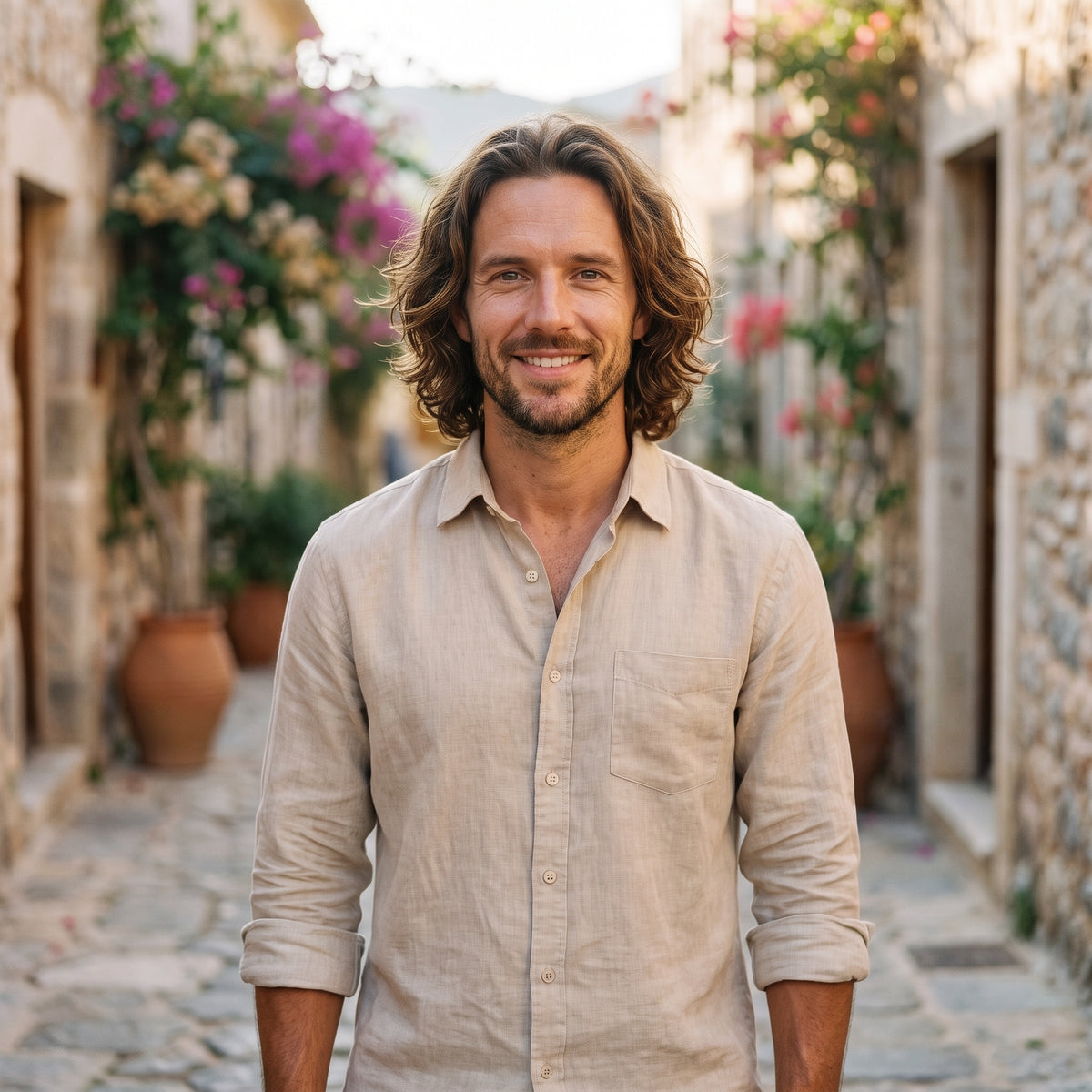 Modèle souriant portant la chemise en lin homme hippie écru en ruelle méditerranéenne