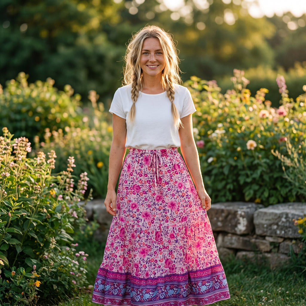 Jupe longue bohème rose à fleurs portée par un modèle souriant dans un jardin