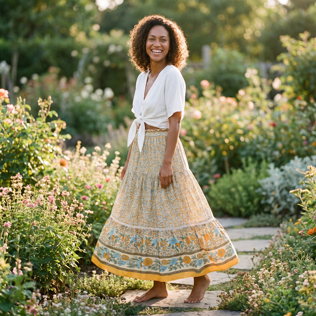 Jupe longue bohème jaune à fleurs liberty portée par un modèle souriant