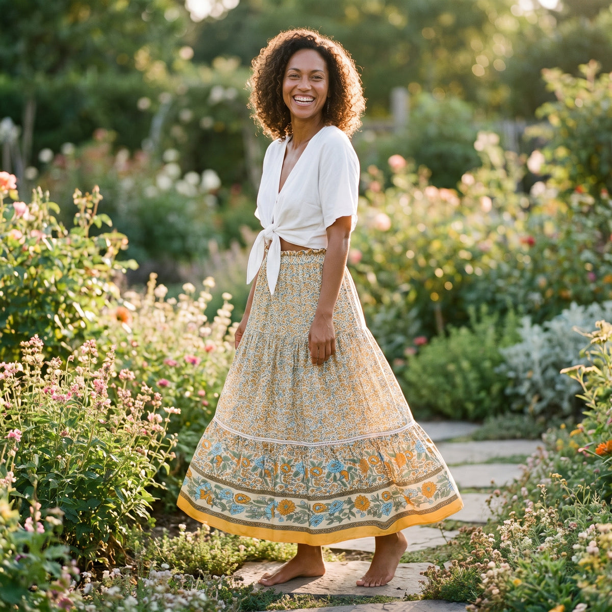 Jupe longue bohème jaune à fleurs liberty portée par un modèle souriant