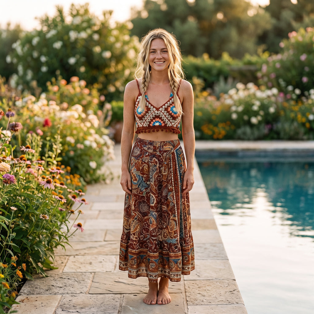 Crop-top au crochet granny terracotta porté par un modèle souriant au bord d'une piscine