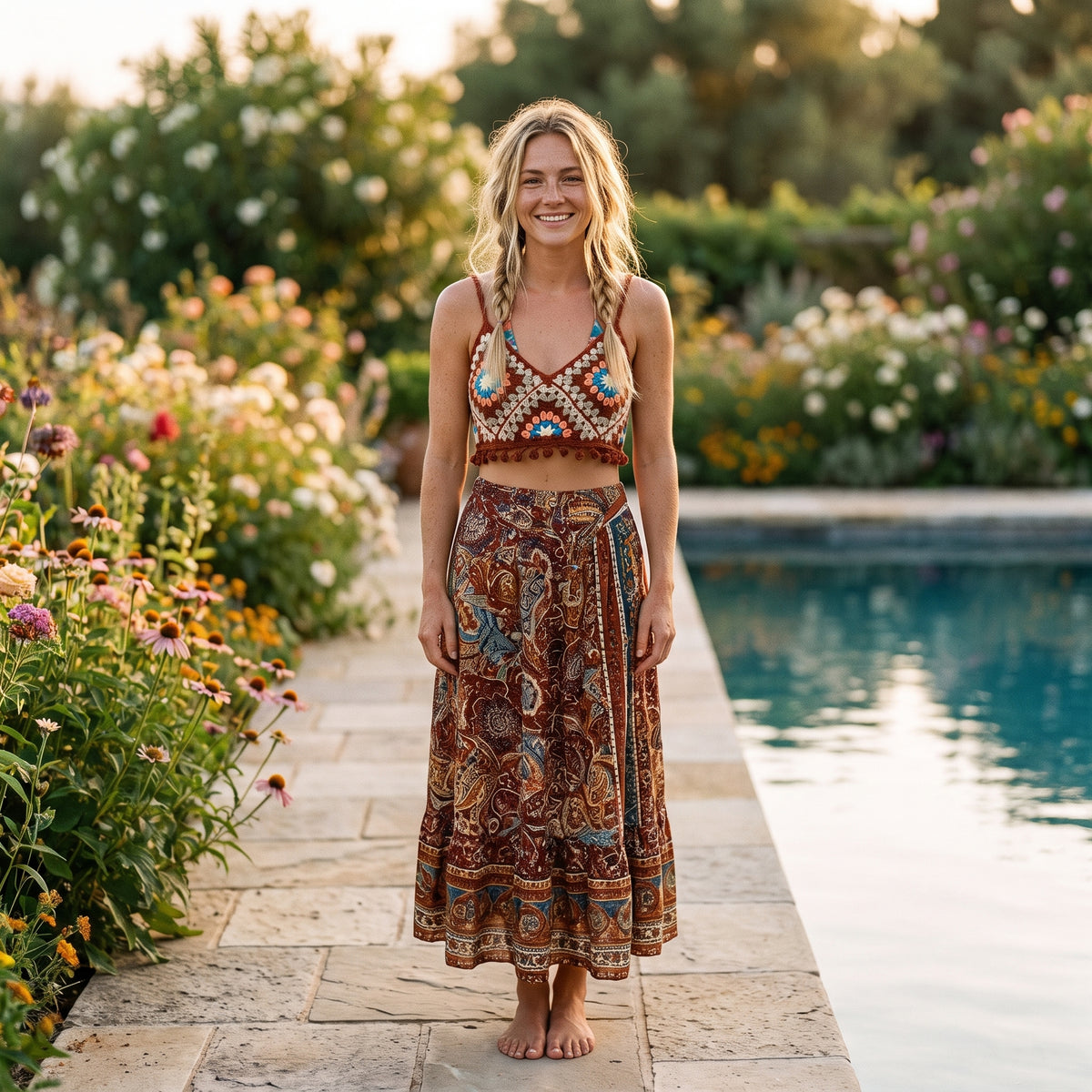 Crop-top au crochet granny terracotta porté par un modèle souriant au bord d'une piscine