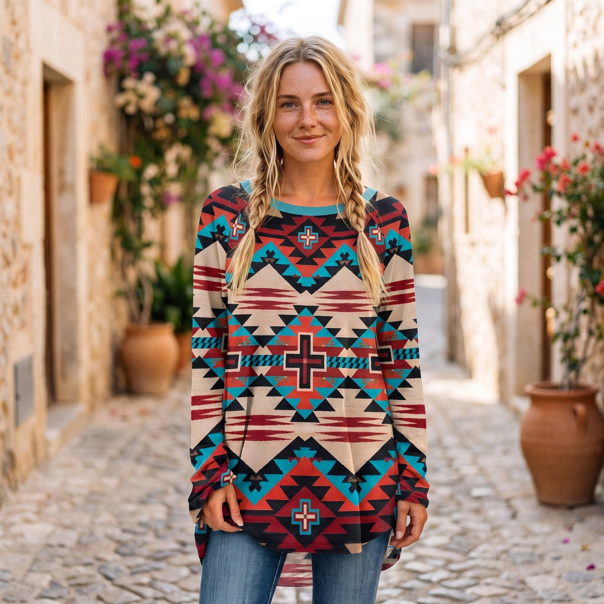 Tunique longue aztèque turquoise portée par un modèle souriant