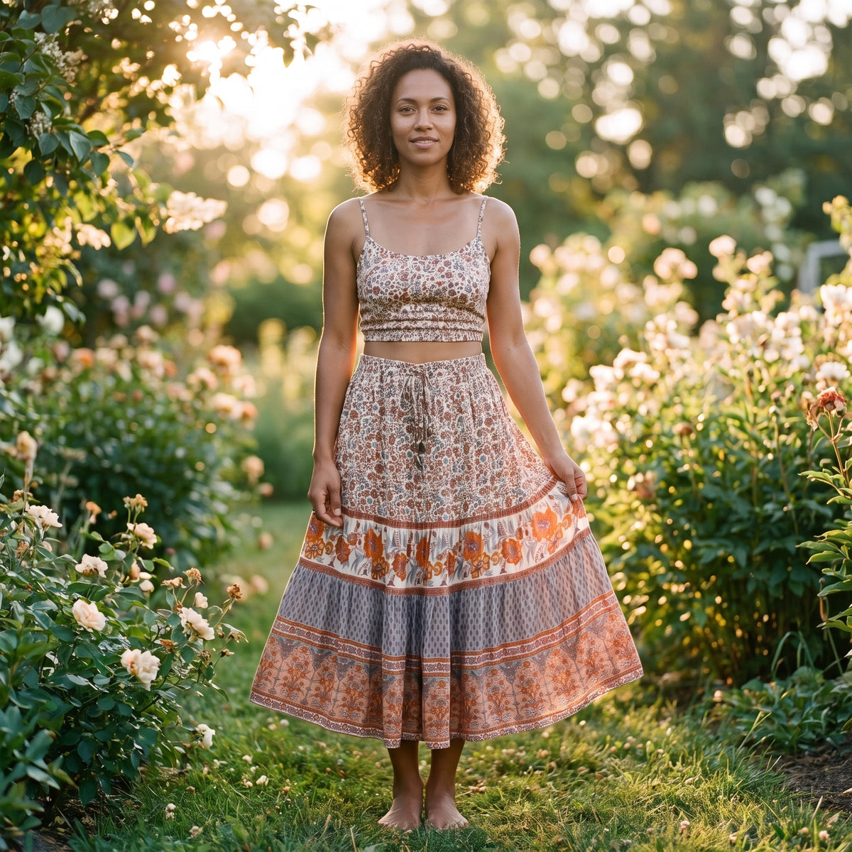 Jupe midi bohème vintage terracotta à fleurs portée par un modèle souriant dans un jardin