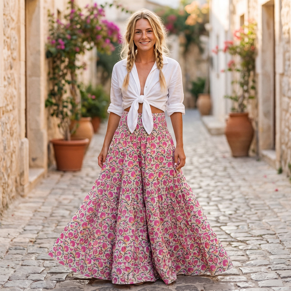 Jupe longue bohème rose très ample portée par un modèle souriant en ruelle méditerranéenne