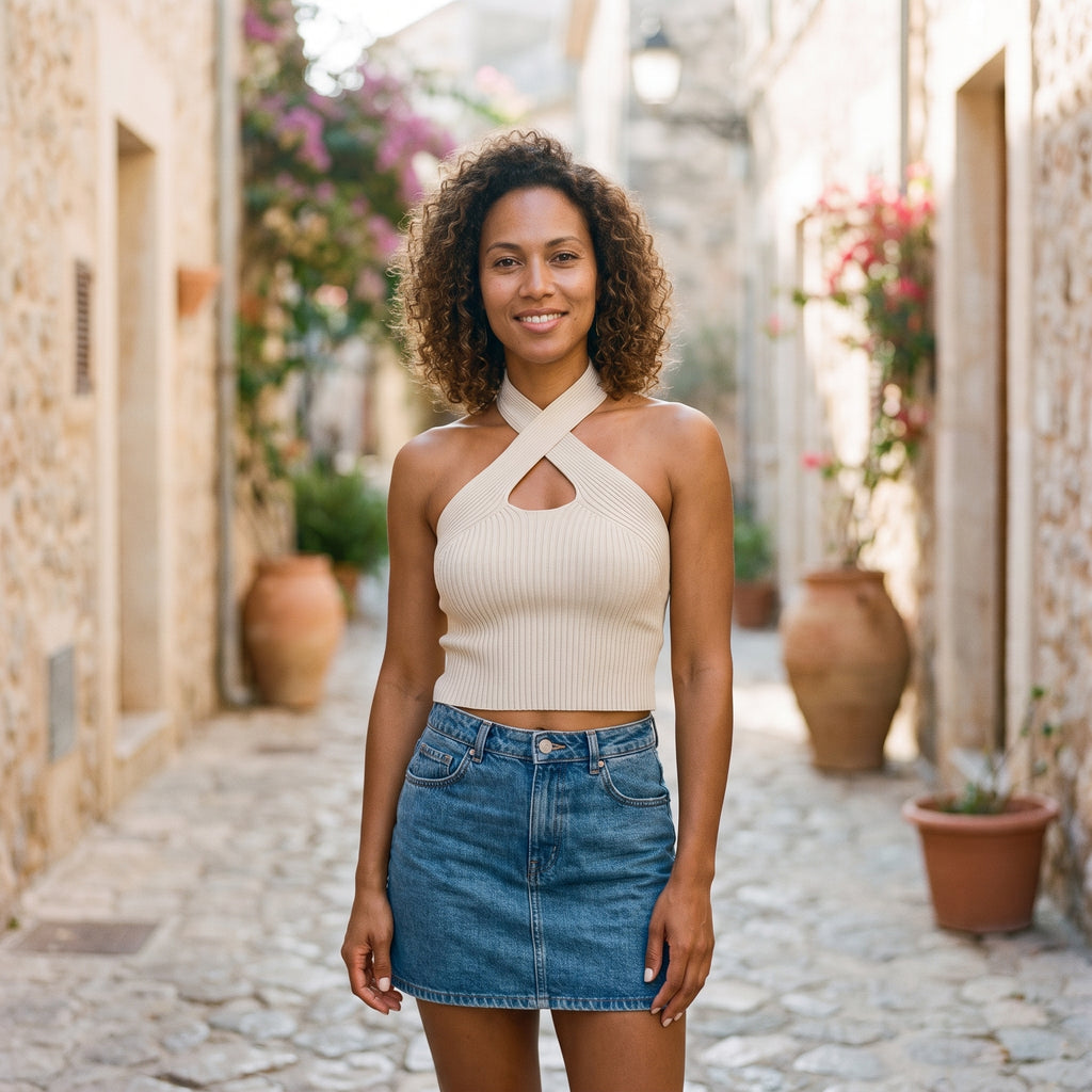 Crop-top côtelé col halter croisé blanc écru porté par un modèle souriant