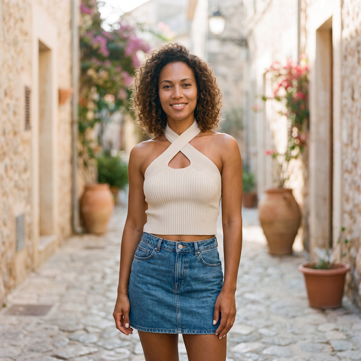Crop-top côtelé col halter croisé blanc écru porté par un modèle souriant