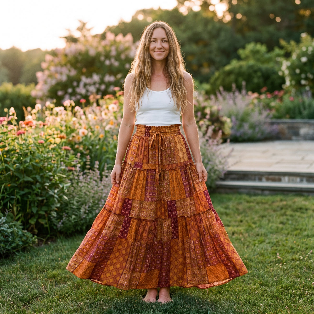 Jupe longue gitane patchwork orange ocre portée par un modèle souriant dans un jardin