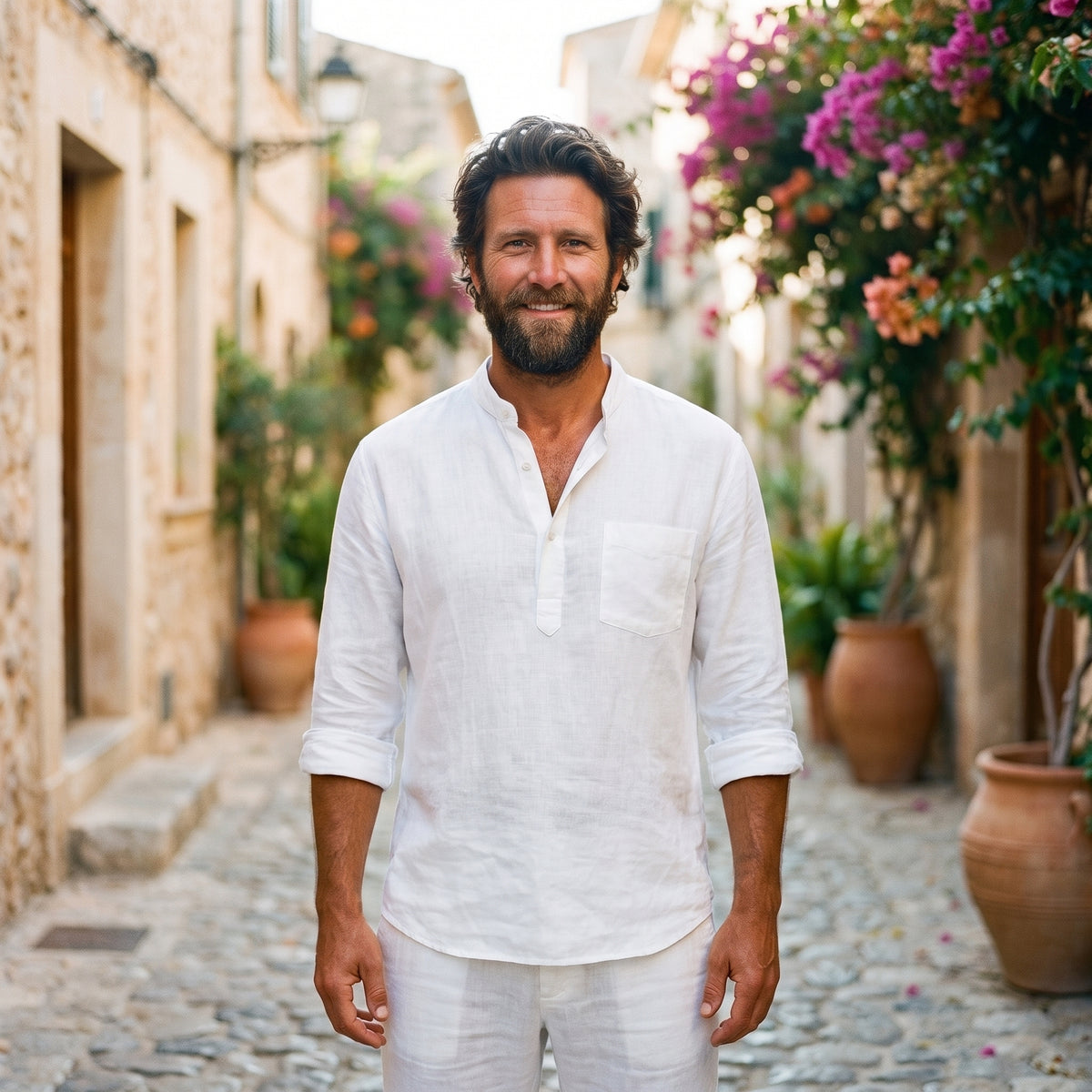 Chemise homme en lin blanc portée par un modèle souriant en ruelle méditerranéenne