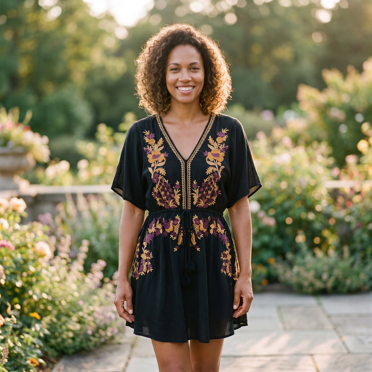 Robe-tunique bohème brodée noire portée par un modèle souriant