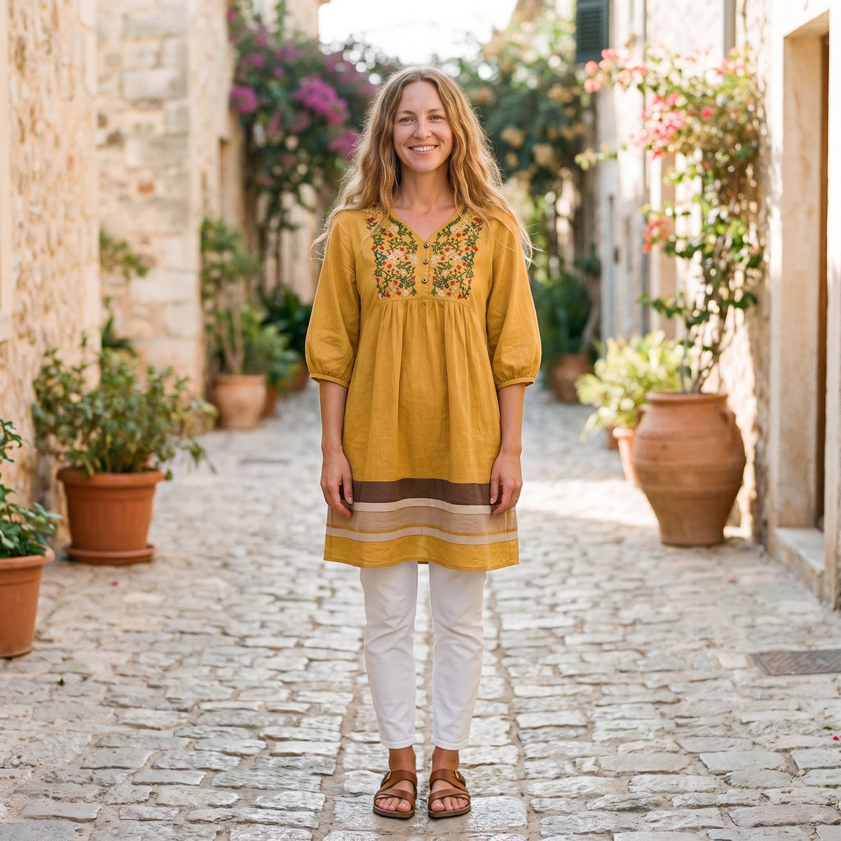 Robe-tunique mexicaine brodée jaune moutarde portée par un modèle souriant