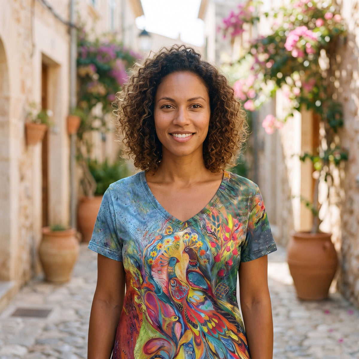 Modèle souriante portant le t-shirt hippie chic à imprimé peint paons et fleurs, ruelle méditerranéenne