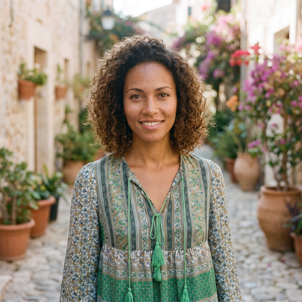 Modèle souriante portant la tunique hippie chic verte, encolure à laçage et pompons, ruelle méditerranéenne