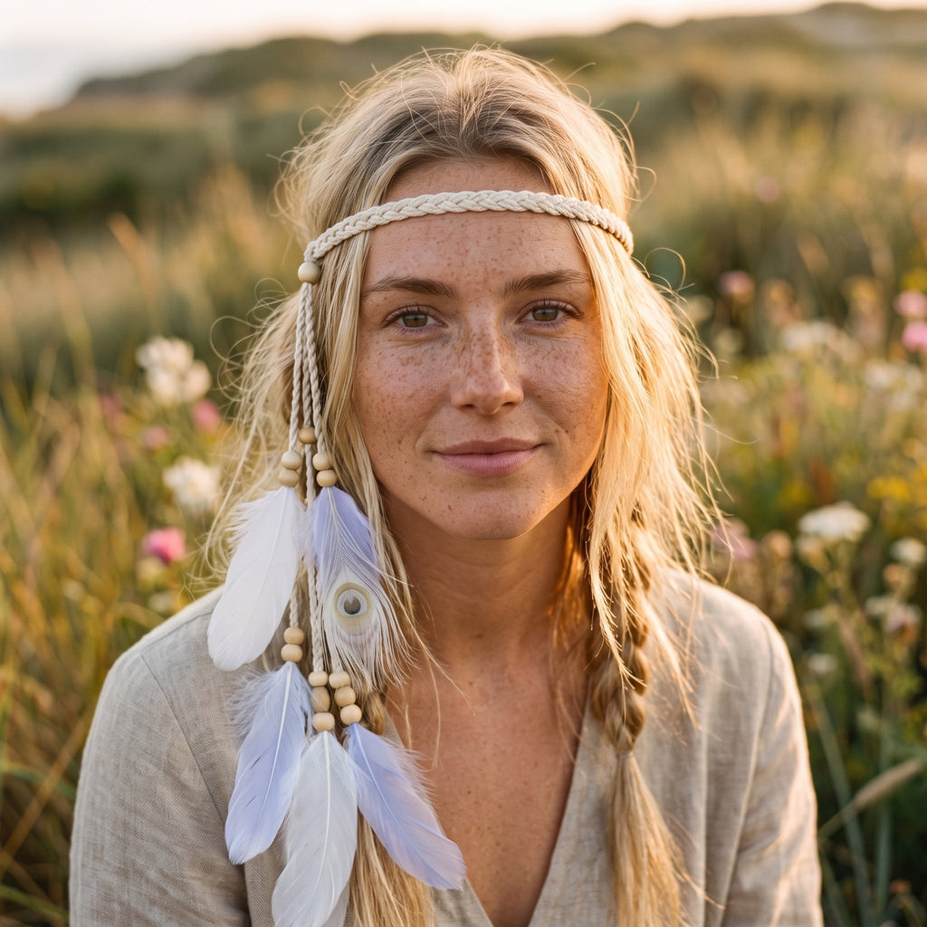 Femme portant le bandeau à plumes hippie noué sur le front, champ de fleurs golden hour