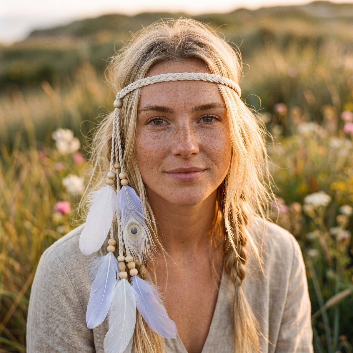 Femme portant le bandeau à plumes hippie noué sur le front, champ de fleurs golden hour