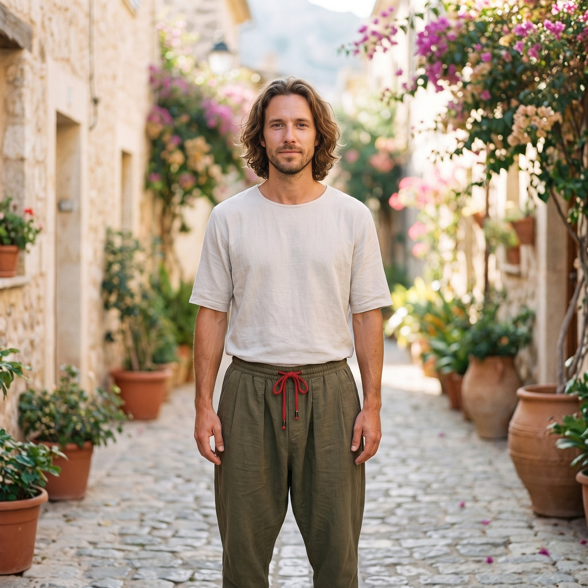 Modèle souriant portant le sarouel homme en lin vert kaki, ruelle méditerranéenne