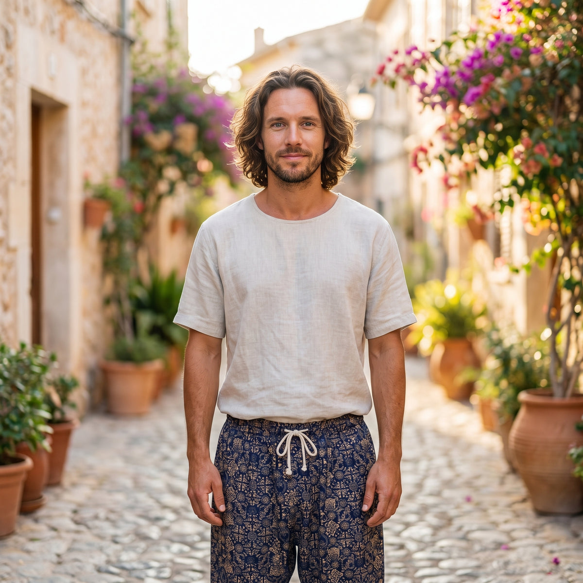 Modèle souriant portant le pantalon hippie chic homme doré à motif oriental, ruelle méditerranéenne