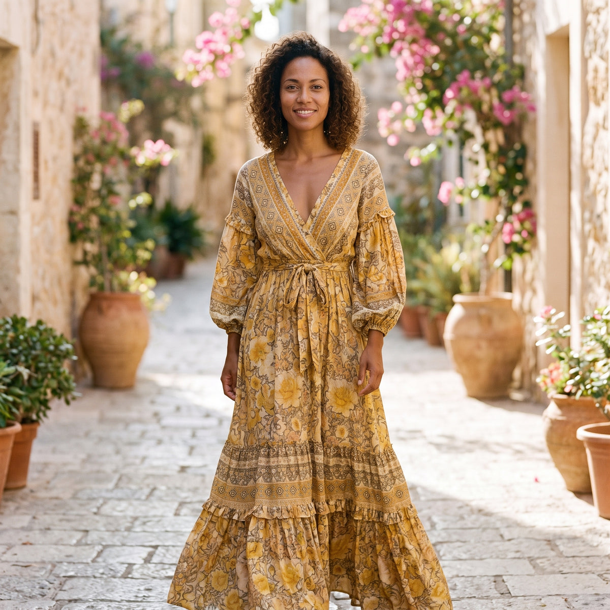 Robe longue bohème fleurie jaune manches longues portée par un modèle souriant