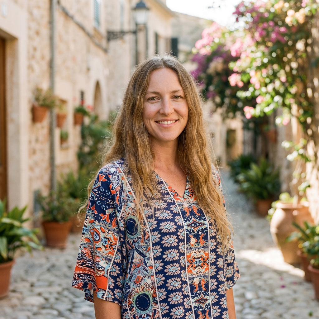 Modèle souriante portant la blouse hippie bleu marine à imprimé ethnique, manches kimono et encolure en V boutonnée, ruelle méditerranéenne pavée
