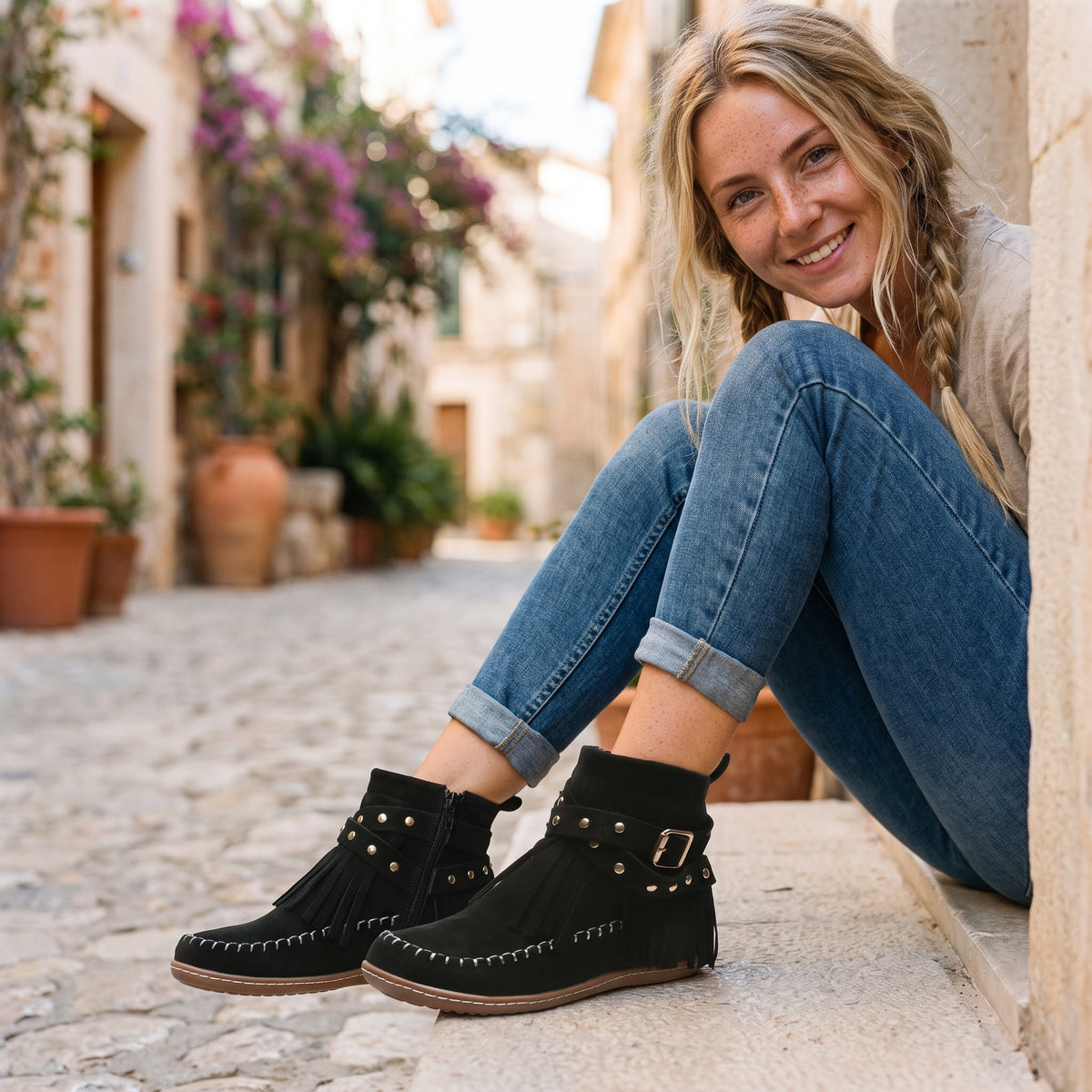 Modèle souriante portant les bottines mocassin à franges cloutées noires