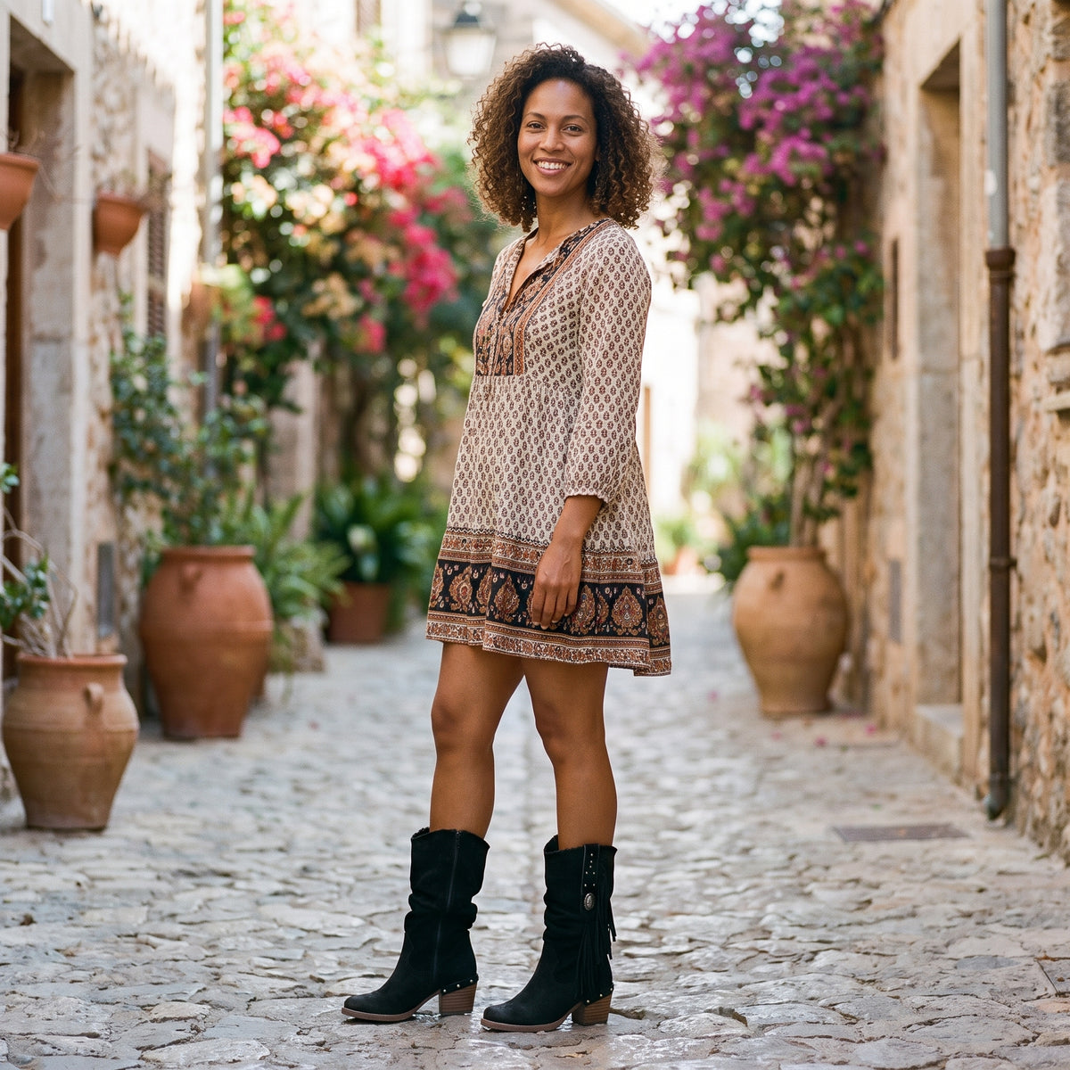 Modèle souriante portant les bottes bohème à franges noires à talon